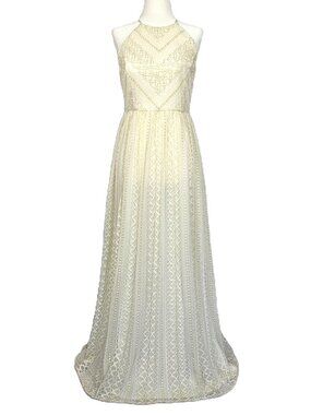Gianni Bini | Lace Maxi Dress | Gold Embroidered Halter Gown | Ivory | Size 2